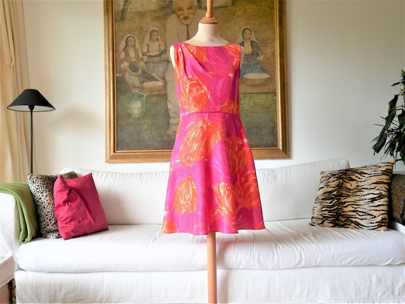 orange fuchsia dress Fuchsia and Orange V-Neck Maxi Floral A Line Color Block Wedding Guest Dress