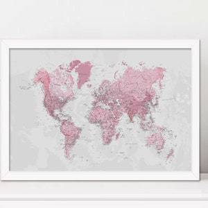 Pink Printable world map art in blush and hunter green Map of the World large downloadable print Dorm decor poster Digital map download