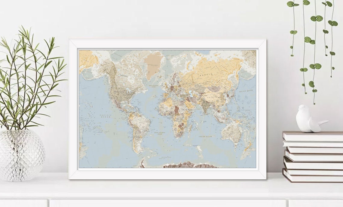 Detailed Printable World Map Art in Blush and Hunter Green Map Etsy