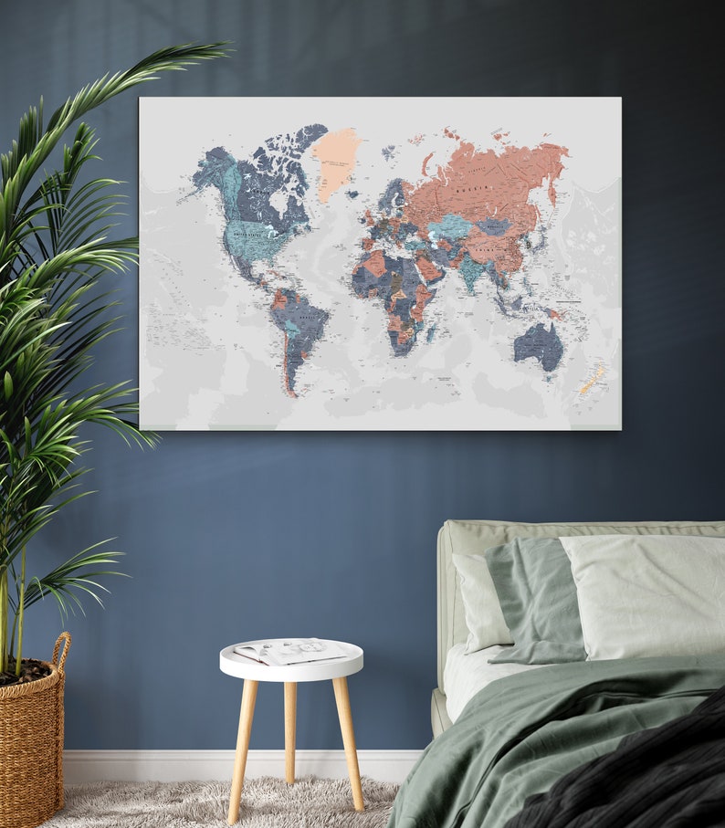 Blue World Map printable Art Map of the World Large - Etsy