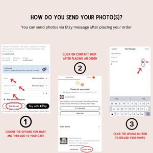 May include: Three screenshots showing how to send photos via Etsy message after placing an order. The first screenshot shows how to choose options and add to cart. The second screenshot shows how to click on "Contact Shop" after placing an order. The third screenshot shows how to click the upload button to upload a photo.