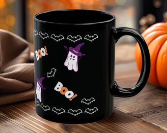 Halloween Ghost Mug: Black Coffee Cup, Spooky Fall Decor