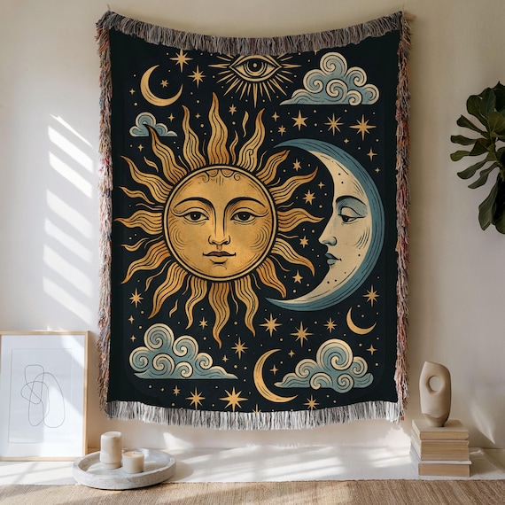 Moon Sun Tapestry Cotton Woven Throw Celestial Magic Vibe Blanket