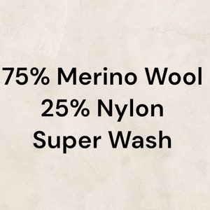 May include: Text on a light beige background reads: 75% Merino Wool, 25% Nylon, Super Wash. The text is in a bold, sans-serif font, and the composition percentages are in a larger font size.