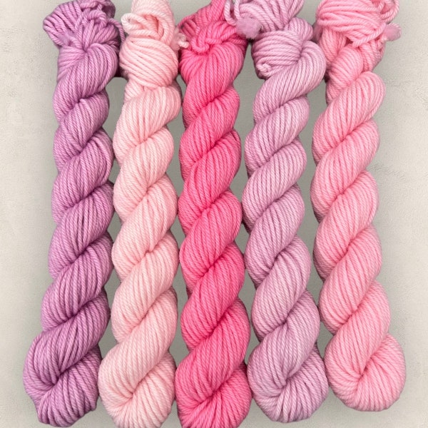 DK 5 x 20g Mini Skein Set Yarn Pack Blushing Petals Hand Dyed SW Merino Wool Nylon Pink Bundle Semi Solid Tonal Mix Colour Knitting Crochet