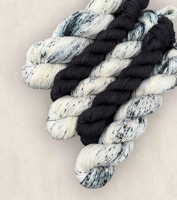 4 Ply Sock Yarn Set Hand Dyed Snowdrift 100g or 50g + 20g Skeins Super Wash 75/25 Merino Wool Nylon Sock White with Black Speckles