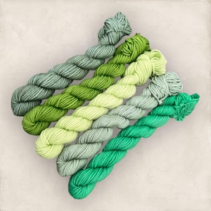 May include: Six skeins of yarn in varying shades of green, from light chartreuse to deep emerald. The yarn is tightly wound, creating a textured appearance. The skeins are arranged diagonally, showcasing the color gradient.