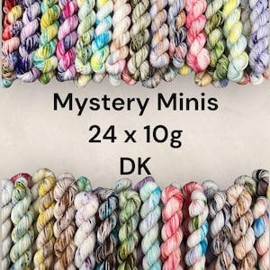 May include: A collection of 24 colorful yarn mini skeins, each weighing 10 grams. The yarn is a DK weight and is arranged in rows. Mystery Minis 24 x 10g DK