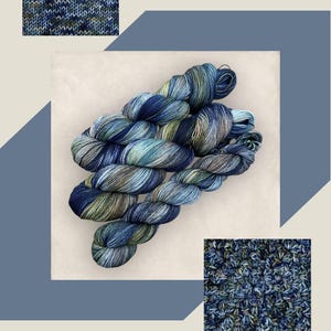 May include: Hand-dyed yarn in shades of blue, green, and grey, labelled "Deepwater." The image shows skeins of yarn and knitted swatches. The text reads "HAND DYED YARN" and "COASTAL CREATIVE LINCS." The yarn is available in 50g or 100g skeins.