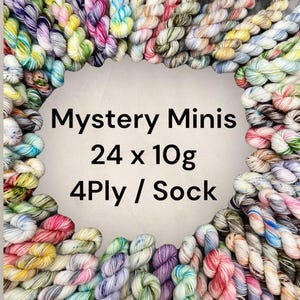 May include: A collection of 24 colourful mini skeins of yarn, each weighing 10 grams. The yarn is 4-ply and suitable for sock knitting. The skeins are arranged in a circle, with the text "Mystery Minis 24 x 10g 4Ply / Sock" in the centre.