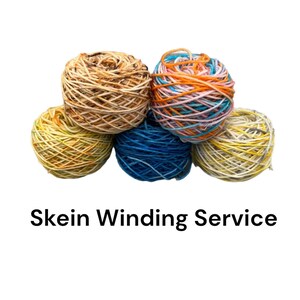 May include: Five skeins of yarn in various colors, including yellow, orange, blue, and brown. The yarn is wound into balls and ready for knitting or crocheting. Skein Winding Service.