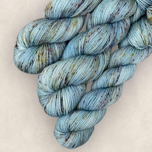 May include: Close-up of several skeins of hand-dyed yarn. The yarn is a light blue color with darker blue, brown, and purple speckles throughout. The yarn is tightly wound and appears soft and luxurious, perfect for knitting or crocheting projects.