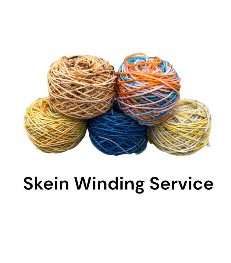 May include: A selection of colourful yarn skeins in shades of yellow, blue, orange, and brown. The yarn is arranged in a circular shape. Text at the bottom reads "Skein Winding Service."