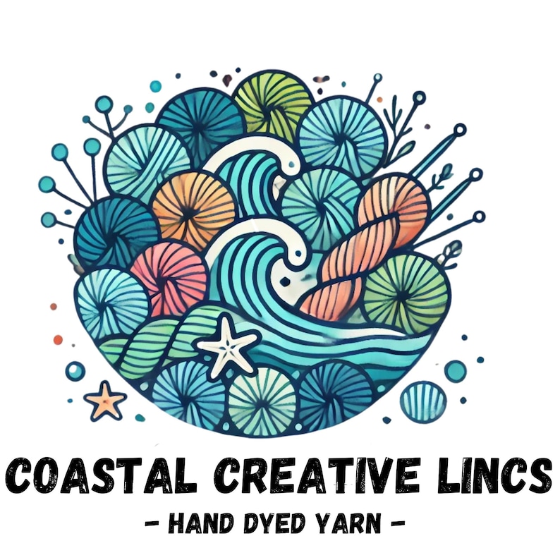 May include: Coastal Creative Lincs - Hand Dyed Yarn - A colorful illustration of yarn balls, waves, and starfish.