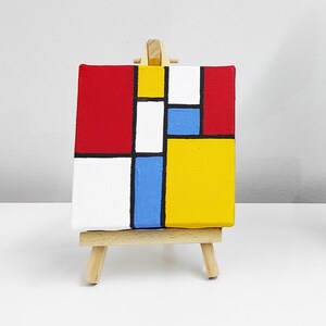 Colorful Miniature Canvas in the Style of Mondrian, 10cmx10cm, Mondrian-style Painting on Canvas, Piet Mondrian inspired, Canvas with easel