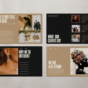 May include: A four-panel layout with text and images. The top left panel says "CASE STUDY TITLE GOES HERE." The top right panel has the text "WHAT OUR CLIENTS SAY." The bottom left panel says "WHY WE'RE DIFFERENT." The bottom right panel says "WE ARE ALTA STUDIO."