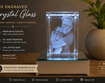 Engraved 3D Picture in Crystal Glass | Fathers Day Gift | Personalized Gift | Engagement, Wedding, Anniversary, Family Photo, Pet