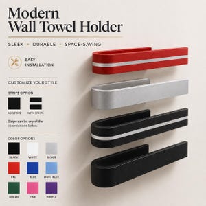 May include: Modern wall towel holders in various colors, including red, silver, and black, with and without stripe options. The design is sleek and space-saving, with easy installation. The color options include black, white, silver, red, blue, light blue, green, pink, and purple.