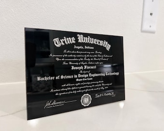 Graduation Gift - Engraved Diploma/Certificate - Stand or Wall Mount - Engraved Glass