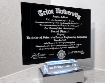 Graduation Gift - Engraved Diploma/Certificate - Stand or Wall Mount - Engraved Glass