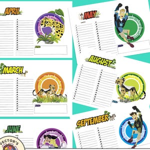 Puede incluir: Un conjunto de páginas de calendario mensuales imprimibles con ilustraciones de animales y personajes de dibujos animados. Cada página tiene el nombre del mes en la parte superior, con una sección con líneas para notas diarias. El logotipo de Vector's Market está en la parte inferior.