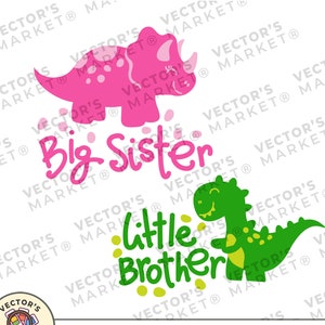 Große Schwester, kleine Bruder, Dinos, Schwestern schneiden Dateien, Brüder Zitat Dxf Eps Png, niedliche Rino Clipart, Silhouette, Cricut