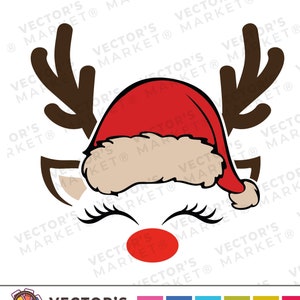 Zoete Rode Neus Rendier Gezicht met Santa Hat Svg, Kerst Trui svg, Gewei Eps, Meisje Rendier Bestand voor Silhouet, Png, Dxf