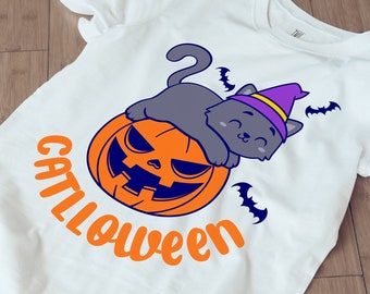 Sleeping Kitty on Pumpkin Svg, Funny Halloween quote Svg, Cat with Witch Hat Svg Dxf Eps Png, Kids Shirt Svg, Silhouette Cricut Sublimation
