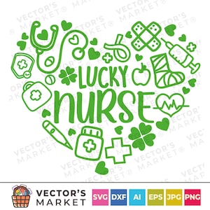 Día de San Patricio Enfermera afortunada SVG, Archivo de corte de estetoscopio cardíaco para Cricut, Trébol de tréboles, Irlandés, Uso comercial svg png Archivo de sublimación