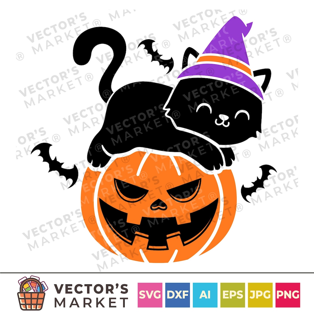 Halloween Black Cat Witch Hat SVG, Pumpkin & Bats Clipart, Halloween ...