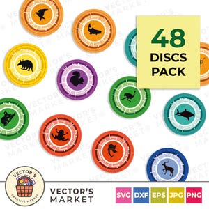 Puede incluir: Un conjunto de 48 discos coloridos con siluetas de animales, incluyendo un koala, una rana y un ciervo. Los discos están dispuestos sobre un fondo blanco, con el texto "48 DISCS PACK" y "VECTOR'S MARKET".