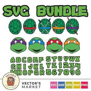 May include: A green SVG bundle design featuring turtle shells with weapons and turtle faces with colored masks. The design also includes a full alphabet and numbers, with the words "SVG BUNDLE" at the top. The Vector's Market logo is at the bottom.