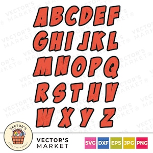 Pu&ograve; includere: Un alfabeto completo in maiuscolo, ogni lettera di colore arancione intenso con un contorno nero. Le lettere sono leggermente inclinate verso destra. L'immagine include il testo "VECTOR'S MARKET" e un logo con il testo "CREATIVE MARKET".
