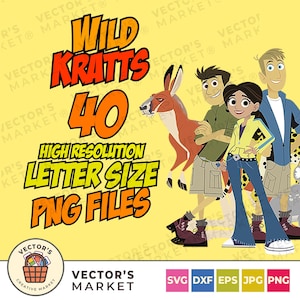 Könnte beinhalten: Digitalgrafik mit dem Text "Wild Kratts 40 High Resolution Letter Size PNG Files". Das Bild zeigt Zeichentrickfiguren, ein Känguru und ein Vector's Market-Logo auf gelbem Hintergrund.