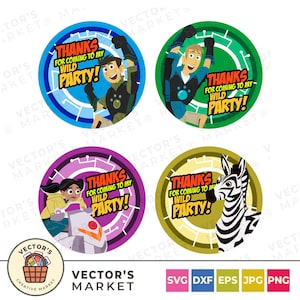Wild Friends Birthday Party Tags SVG, Wild Kratts Kids party printing file,  wild kratts cake topper, wild krats round cards png,