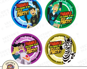 Wild Friends Birthday Party Tags SVG, Wild Kratts Kids party printing file,  wild kratts cake topper, wild krats round cards png,