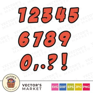 Pu&ograve; includere: Set di numeri e simboli arancioni con contorno nero. I numeri da 0 a 9, un punto, una virgola, un punto esclamativo e un punto interrogativo sono visualizzati in un carattere in grassetto e inclinato. Il logo Vector's Market si trova in basso a sinistra.