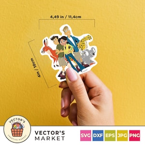 Puede incluir: Una colorida pegatina con personajes de dibujos animados con un canguro, un guepardo y un koala. La pegatina mide aproximadamente 10 cm por 11,4 cm. El logotipo de Vector's Market está en la esquina inferior izquierda, con iconos de tipo de archivo SVG, DXF, EPS, JPG y PNG.