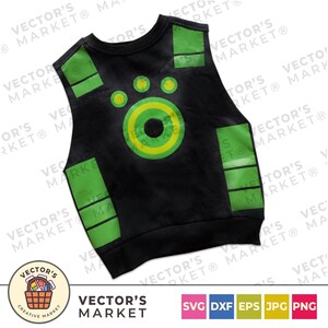 Puede incluir: Chaleco negro con diseño gráfico verde y amarillo. El diseño incluye una huella de pata y un círculo en forma de diana. El chaleco tiene detalles rectangulares verdes en los hombros y los lados. También aparece el texto "VECTOR'S MARKET".