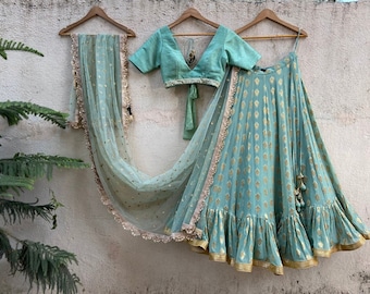 Ocean Green Lehenga Set: Gold Foil Print Indian Wedding Lengha