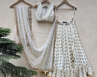 White Ruffle Lehenga Choli : Raw Silk Blouse, Indian Wedding Bridesmaids Ethnic Outfits