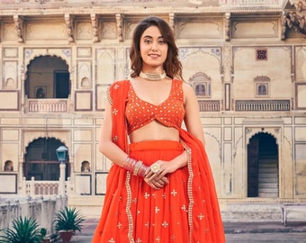 Nieuwe Indiase traditionele oranje kleur Lehenga Choli set met Dupatta, Designer bruidskleding Georgette Lehenga Choli Set voor dames