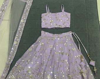 Lavender Baby Lehenga Choli: Floral Mirror Embroidery, Indian Ethnic Outfit