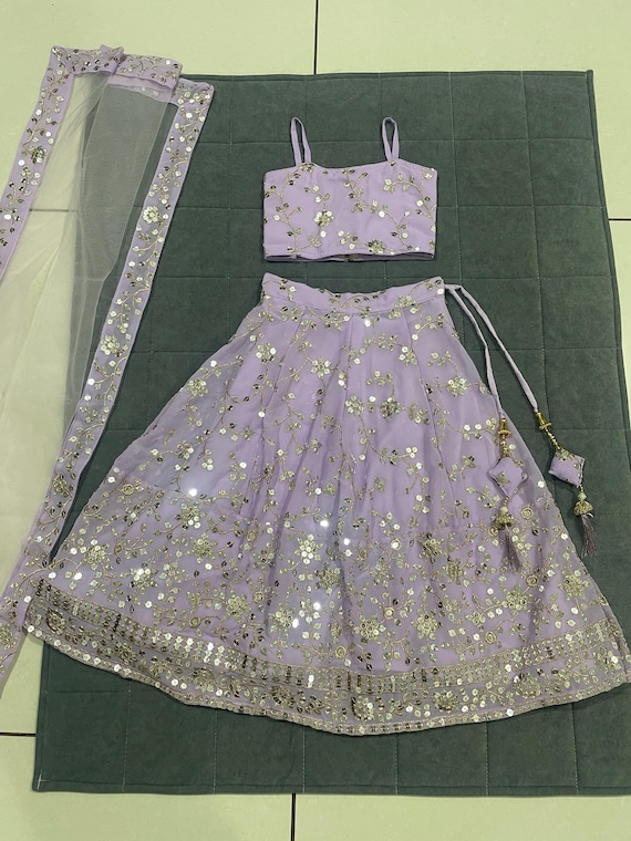 Lavender Baby Lehenga Choli: Floral Mirror Embroidery, Indian Ethnic Outfit