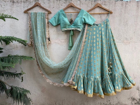 Ocean Green Lehenga Choli: Gold Jaqard Work with Net Dupatta, Indian Partywear Outfit