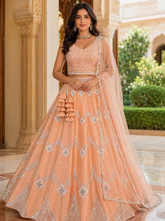 peach and gold indian wedding dress Lehenga Choli for Bride, Designer Bridal Outfit, Reception & Bridesmaid Wear MAXI