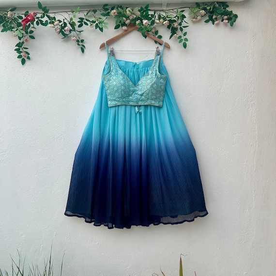 Blue Ombre Lehenga Choli Set: Indian Wedding Outfit, Lakhnavi Embroidery