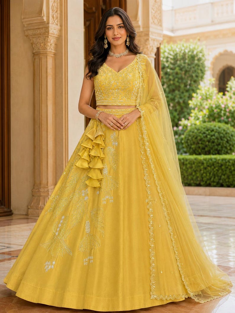 Mustard Yellow Lehenga Choli, Indian Wedding Outfit, Silk Embroidered Lehenga, Bridesmaid Dress, Reception Wear