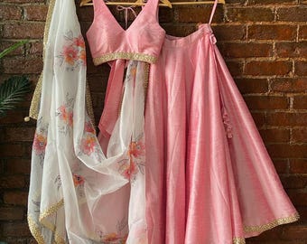 Blush Pink Silk Lehenga Choli: Floral Organza Dupatta, Indian Wedding Party Wear