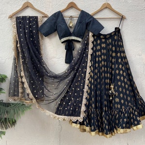 Black Brocade Lehenga Set: Ruffle Lengha Choli with Sequins